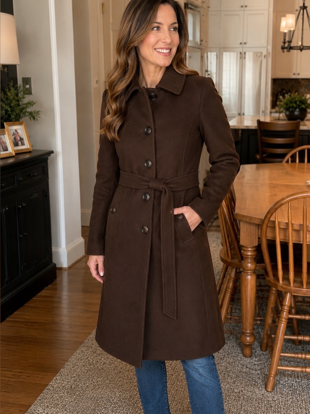 Dana Buchman Brown Cashmere Long Coat with Light Blue Lining